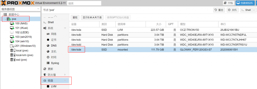 Proxmox VE（PVE）添加硬盘做存储
